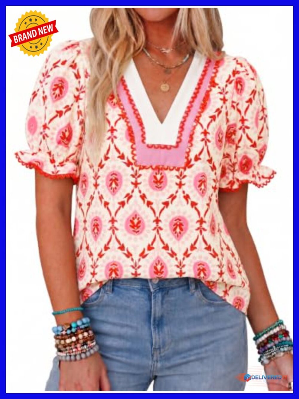 V Neck Puff Sleeve Blouse Boho Floral Loose Fit Tee Top Summer Stretchable